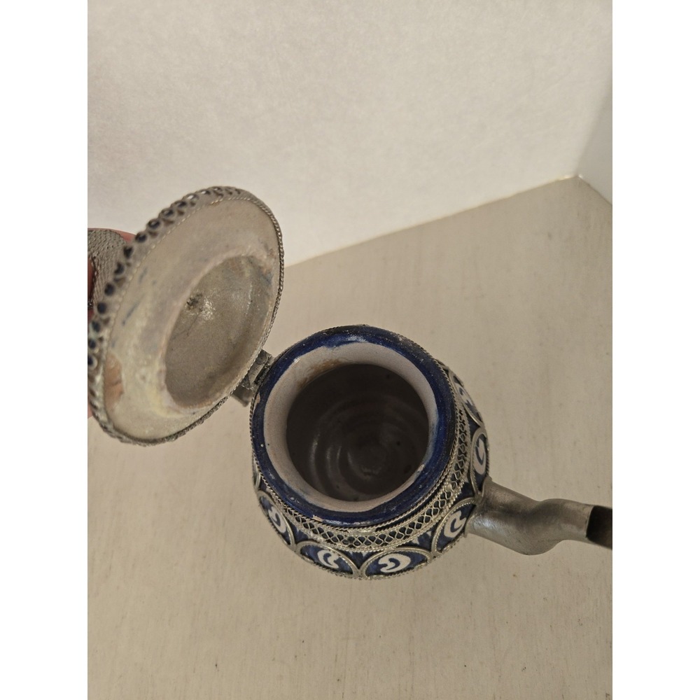 Moroccan Teapot Ceramic Silver Tone Filigree Vintage Blue & White Ceramic 6.5" - Picture 7 of 16